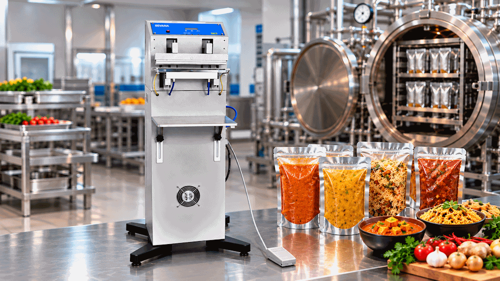 Sevana pneumatic retort pouch sealer for ready-to-eat food packaging